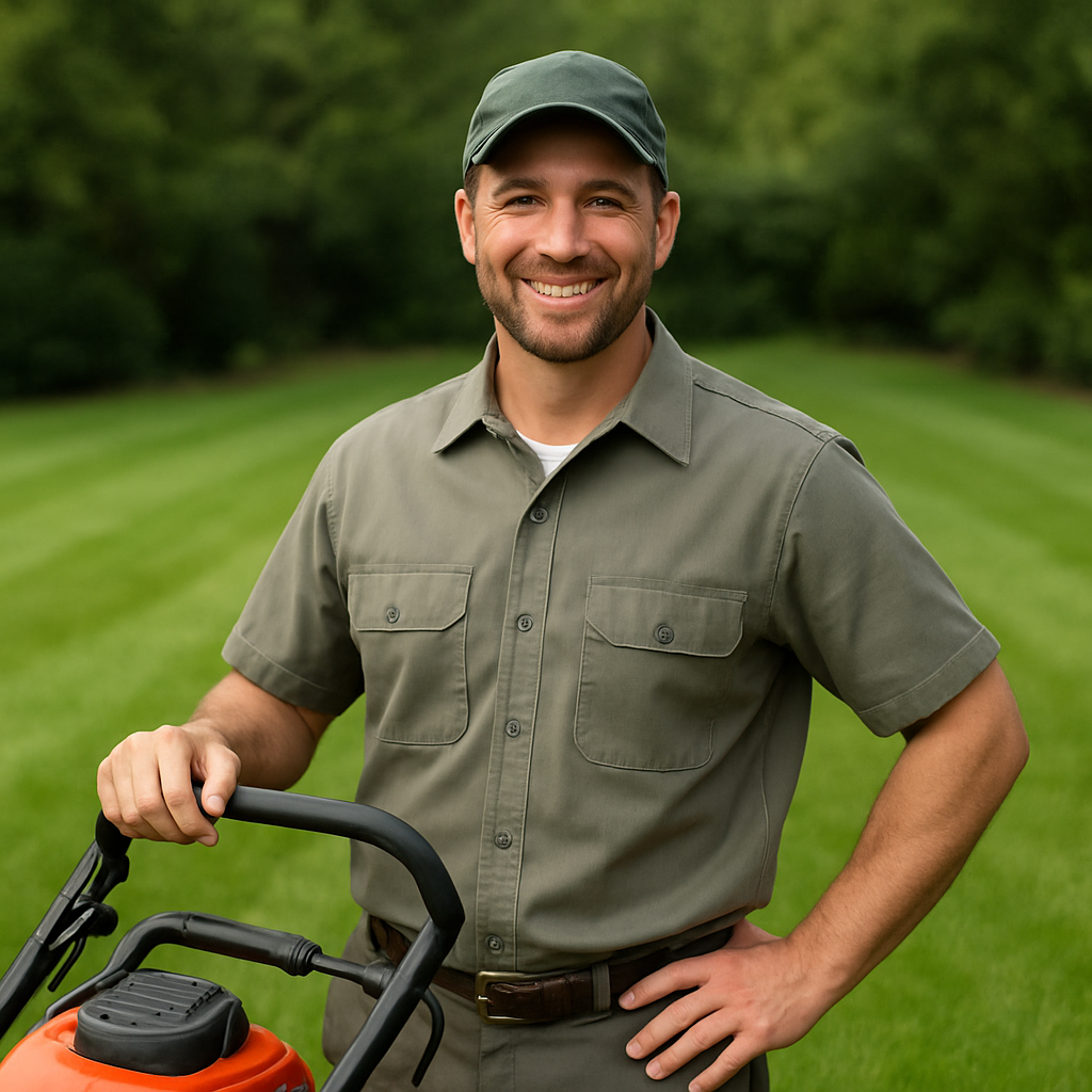 A friendly Kehoe Lawn Care professional standing with equipment in front of a green lawn
